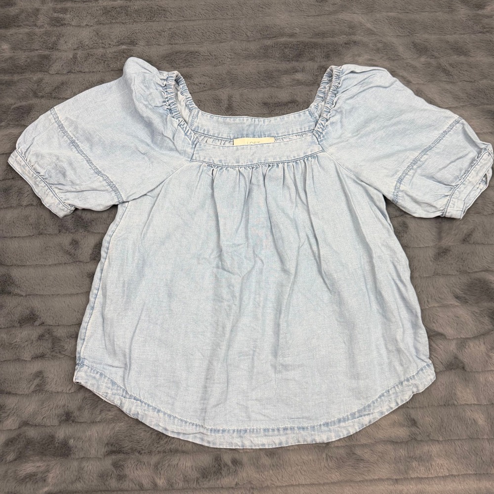 LOFT Women Light Blue Lyocell Linen Square Neck Puff Sleeve Blouse Size S